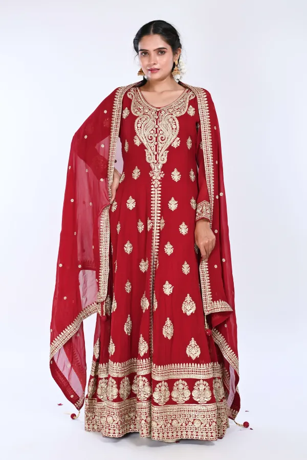 Maroon Long Anarkali with Middle Cut Suit With Pant